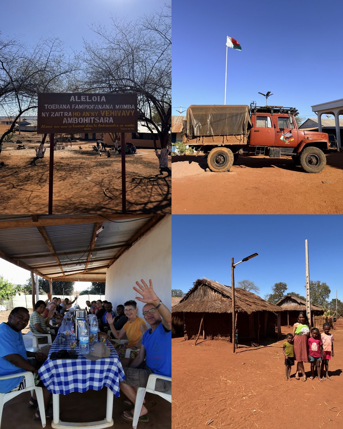Schild des Zentrums in Ambohitsara, Geländewagen, gemeinsames Essen und Kinder vor ihren Häusern