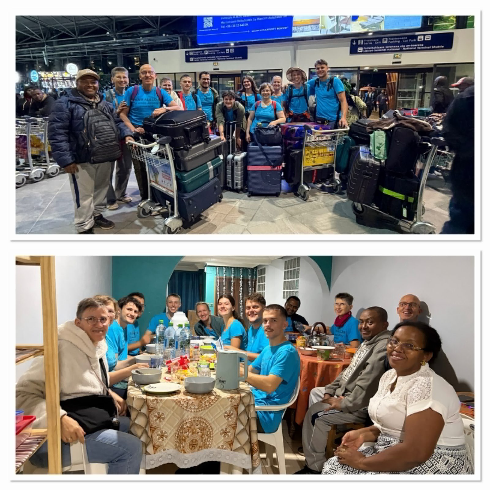Das Team mit Gepäckwagen am Flughafen von Antananarivo und beim ersten gemeinsamen Abendessen