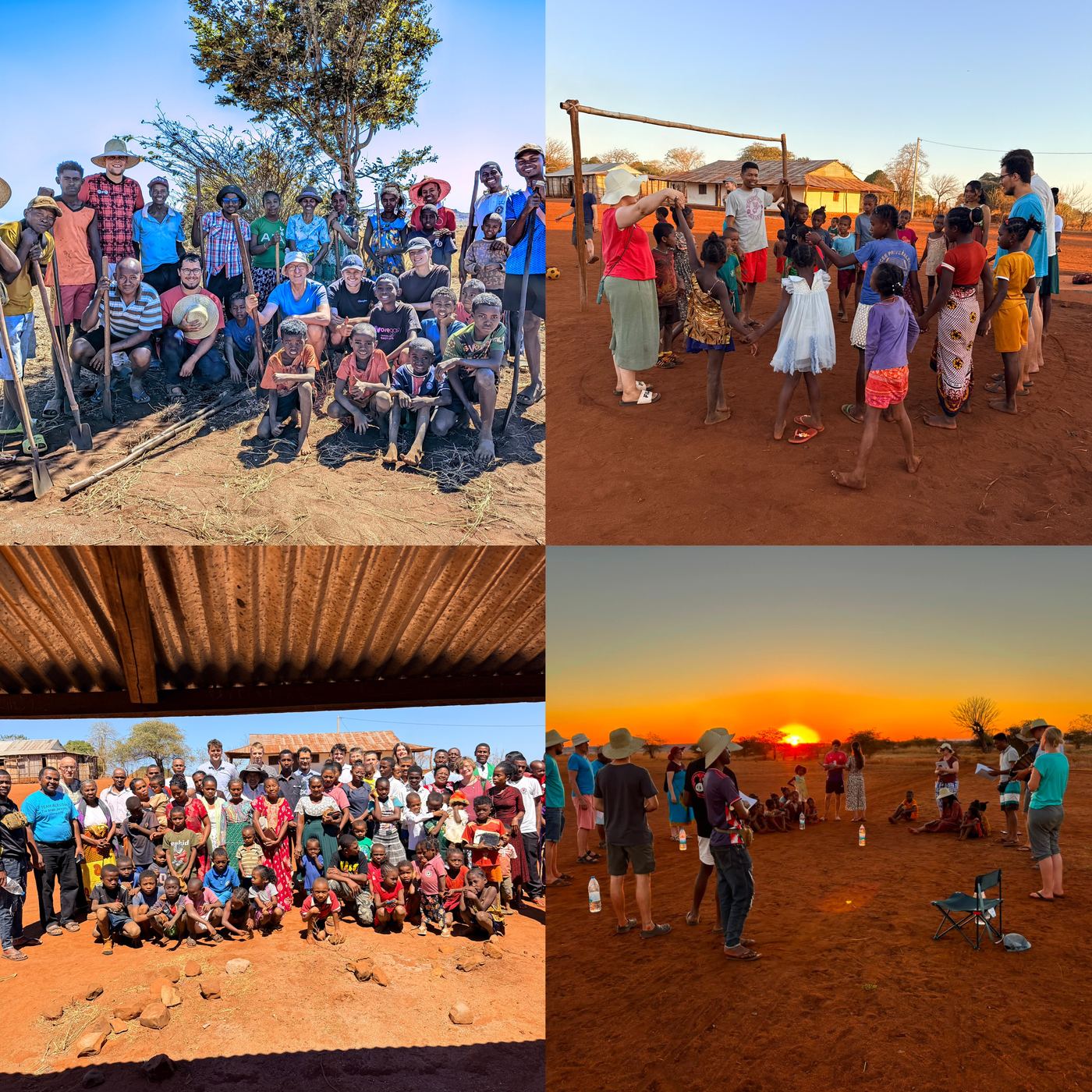 Arbeitsgruppe mit Spaten, tanzende Kinder auf dem Fußballplatz, große Gruppe vor dem Klassenzimmer und Lobpreis bei Sonnenuntergang