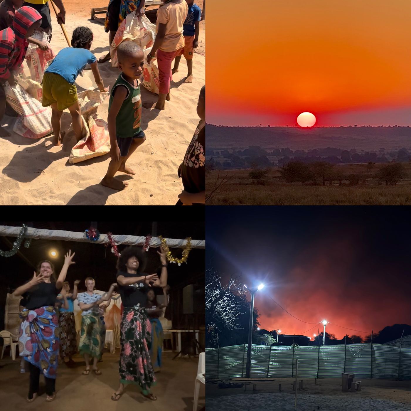 Kinder tragen Sandsäcke zur Baustelle, Sonnenuntergang, Worship im geschmückten Saal und das rote Leuchten des Buschbrands am Nachthimmel