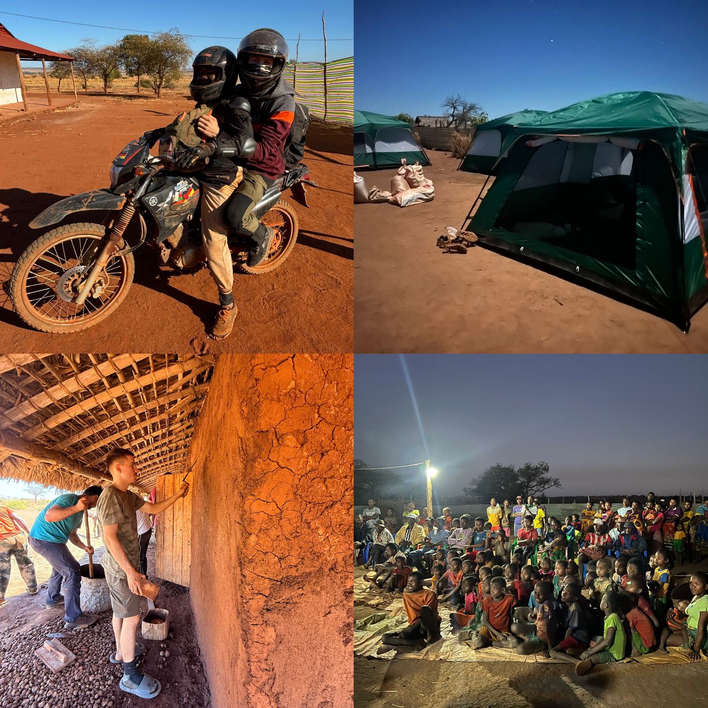 Fahrt mit dem Motorrad, unser Zeltlager in der Dämmerung, das Verputzen des Schulgebäudes und der Outreach-Abend unter freiem Himmel