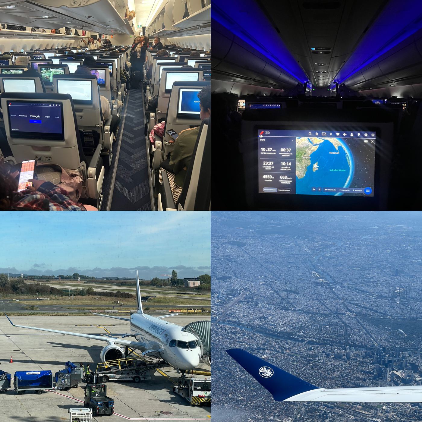 Blick durch die Flugzeugkabine, die Flugkarte auf dem Bildschirm und das Flugzeug in Paris