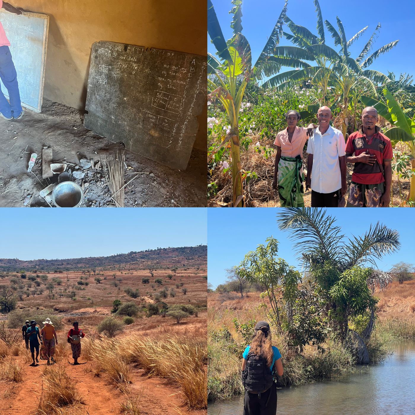 Schiefertafeln des Alphabetisierungsteams, Bewohner im Bananenhain, das Team auf dem Weg durch die Landschaft und am Fluss